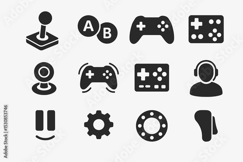 Collection of gaming icons featuring controllers, joystick, headset, and gear symbols