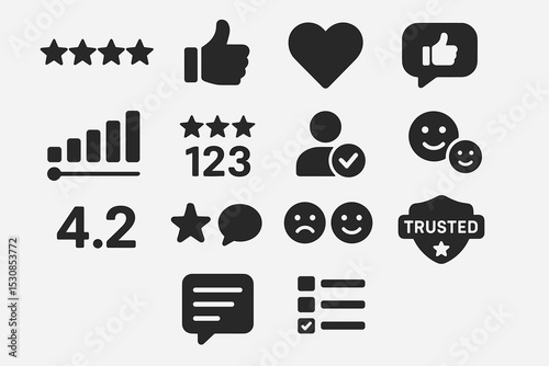 Rating and feedback icons: stars, thumbs up, hearts, trust badges, and mood symbols
