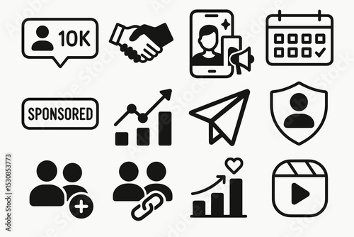 Social media icons: engagement, growth, communication, security, collaboration