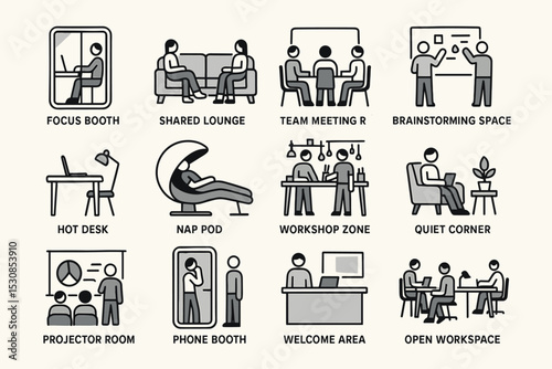 Office space icons: focus booth, shared lounge, meeting room, and more