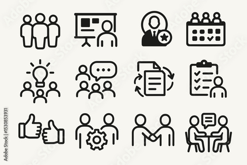Collection of business and teamwork icons featuring people and charts