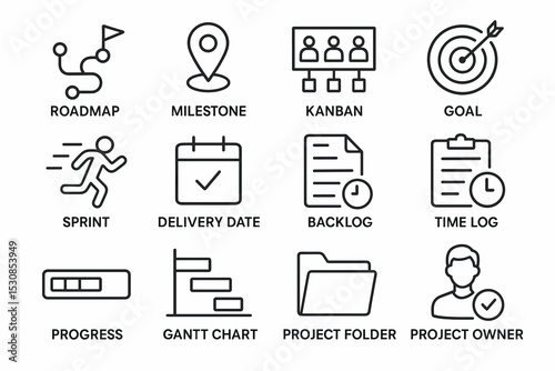 Project management icons: roadmap, kanban, gantt chart, sprint, milestone, goal, backlog