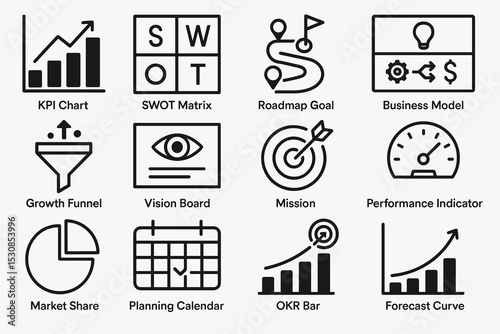 Business strategy icons: kpi chart, swot matrix, roadmap, and more