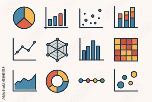 Colorful data visualization icons: charts, graphs, and diagrams collection