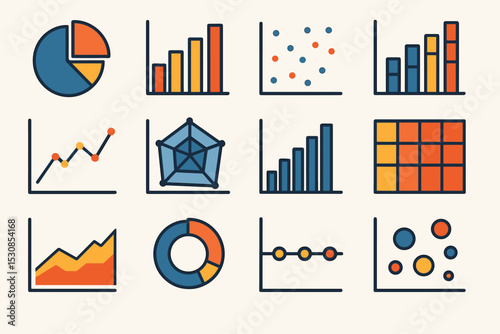 Colorful infographic icons set with various graph and chart designs