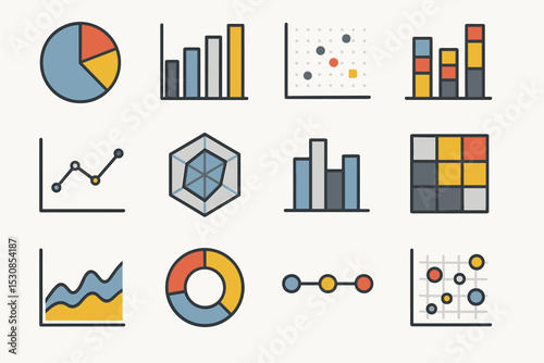 Colorful graph and chart icons collection for data visualization and analysis