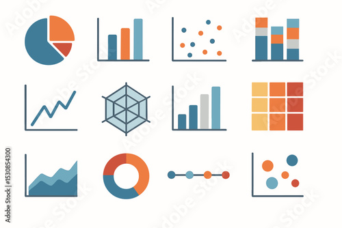 Colorful assorted charts and graphs set on white background