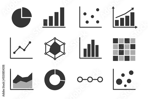 Collection of graph and chart icons representing data visualization in black and white