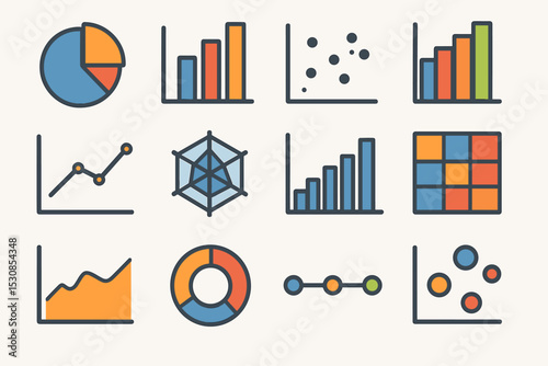 Colorful data visualization icons: bar, pie, and line graphs for analytics
