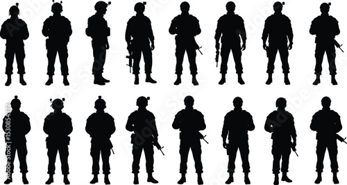 Military soldier silhouette set with weapons, tactical gear, combat stance, isolated vector illustration for defense and security concepts