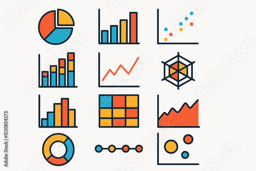 Colorful data visualization set with bar, pie, and line charts
