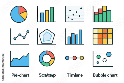 Various chart types: pie, scatter, bar, line, radar, timeline, bubble and more