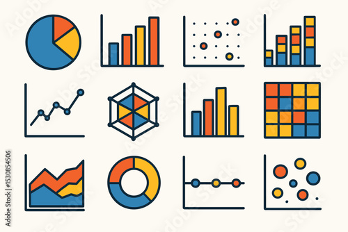 Colorful data visualization with various graph types and analytical charts