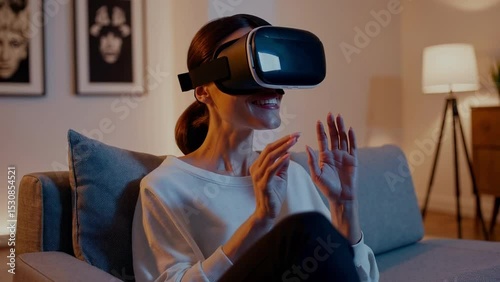 Young Caucasian Female Engaged with VR Headset in Modern Living Room Setting                         