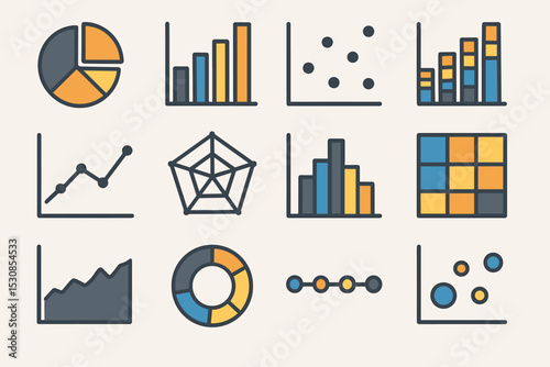 Colorful data visualization elements: bar, pie, line, scatter, and radar charts collection