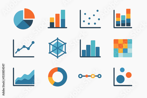 Colorful data visualization and analysis icons set for charts and graphs
