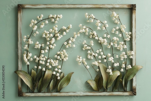 White lilies in a decorative frame against a mint-green backdrop. photo