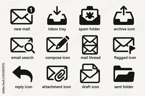 Email icons set: new mail, inbox tray, spam folder, archive, compose, reply