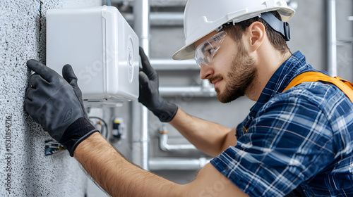 Technician in safety gear inspects an electrical panel mounted on a concrete wall in an industrial setting.