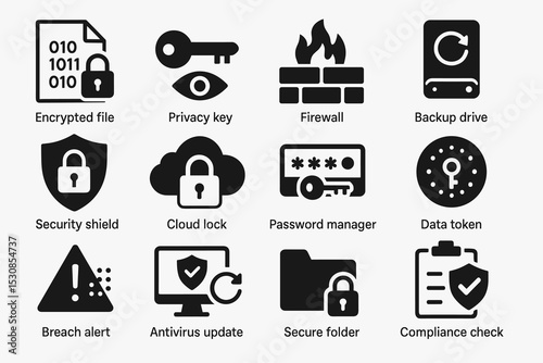 Cybersecurity icons: encrypted file, privacy key, firewall, backup drive