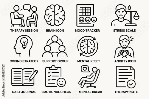 Mental health icons: therapy, brain, stress, anxiety, support group