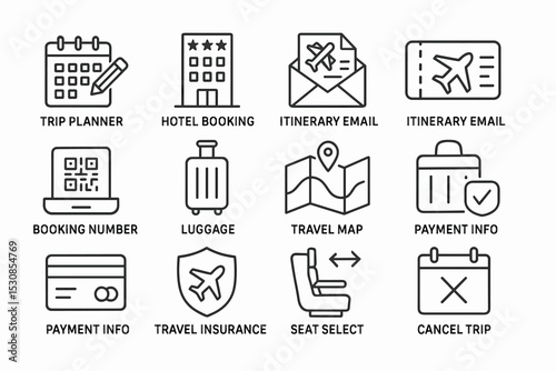 Travel planning icons: flight, hotel, itinerary, luggage, payment, insurance, seat selection