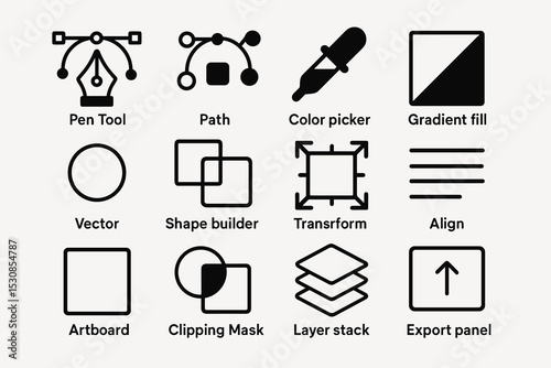 Graphic design tools: icons for pen tool, path, color picker, and more