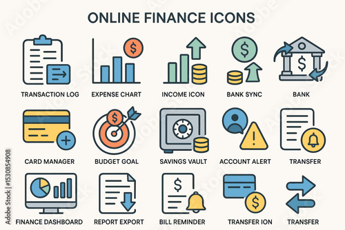 Comprehensive online finance icons for budgeting and banking management