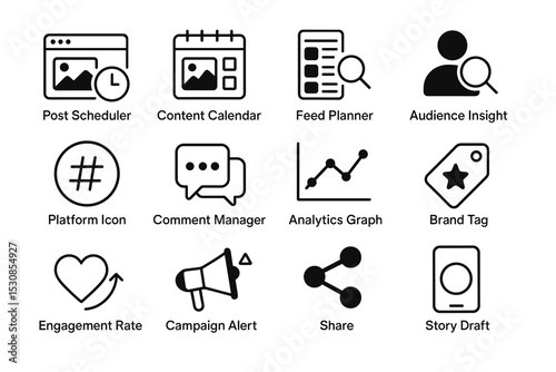 Social media management icons: scheduler, calendar, insights, and more