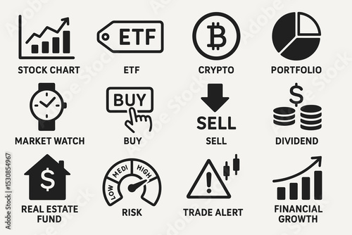 Financial icons: stock chart, etf, crypto, market watch, trade alert, financial growth