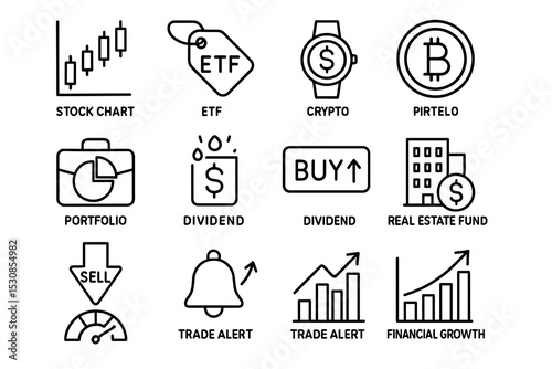Finance icons set including stock chart, etf tag, crypto, bitcoin logo, portfolio, dividend box, real estate fund, trade alert, and financial growth graphs