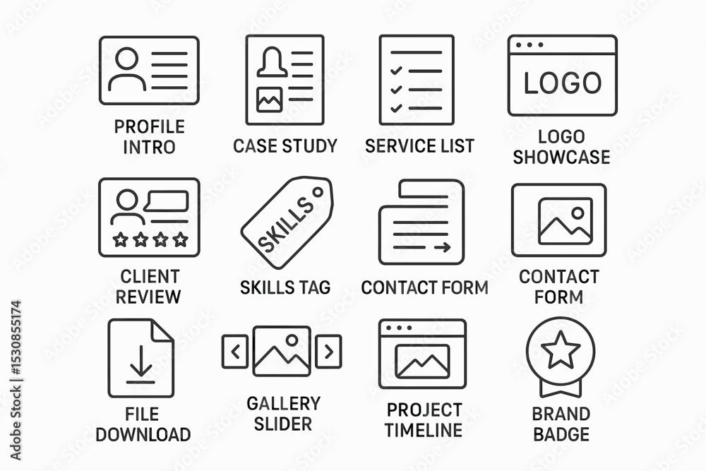 Business website icons set including contact form and client review