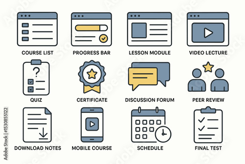 Educational icons: course list, progress bar, lesson module, video lecture, online learning tools