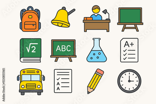 School icons collection featuring backpack bell books bus clock and teacher desk