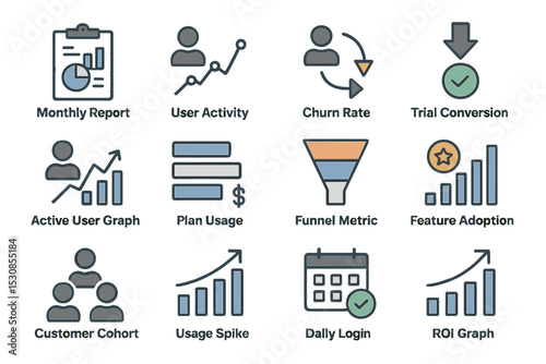 Business analytics icons set: charts, graphs, user metrics, conversion rates, funnel, cohort analysis