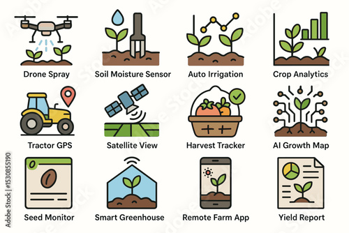 Smart farming technology icons: drone, sensors, irrigation, analytics, gps, ai, tracker