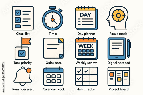 Productivity tools icons: checklist, timer, planner, task, digital notes