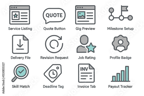 Icon set: service listing, quote button, gig preview, milestone setup, and more
