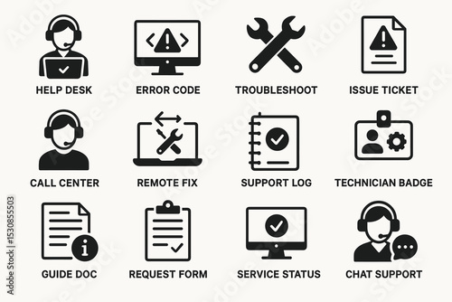 Technical support icons: call center, troubleshoot, help desk, remote fix services