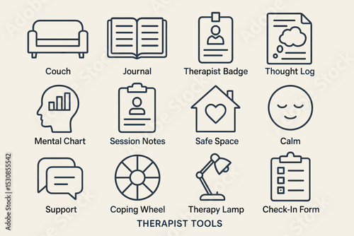Therapist tools icon set featuring therapy lamp, thought log, coping wheel, mental chart
