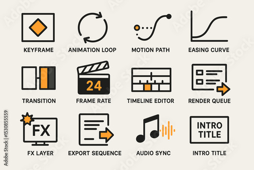 Animation symbols: keyframe, easing curve, timeline editor, audio sync, export sequence