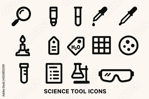Science tool icons: magnifying glass, test tube, dropper, bunsen burner, safety goggles