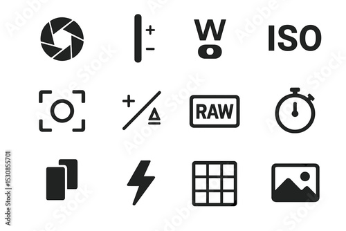 Photography settings icons: aperture, exposure, white balance, iso, and more