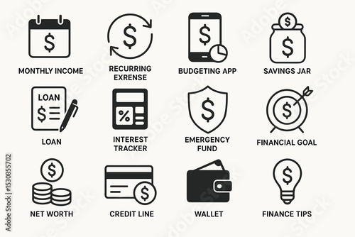 Financial management icons: budgeting, savings, loan, investments, tips