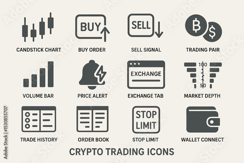 Crypto trading icon set featuring charts, alerts, and wallets for digital markets