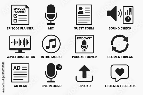 Podcast production icon set: tools for recording and editing audio content