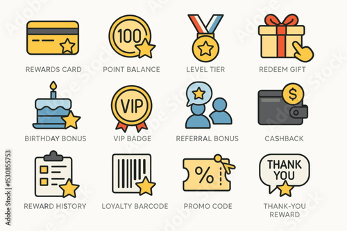 Rewards card icons: cashback, vip badge, loyalty barcode, and more