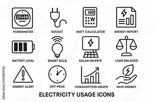 Electricity usage icon set: powermeter, socket, calculator, energy report, battery level, smart bulb