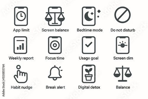 Digital wellness icons: screen balance, app limit, bedtime mode, do not disturb, weekly report