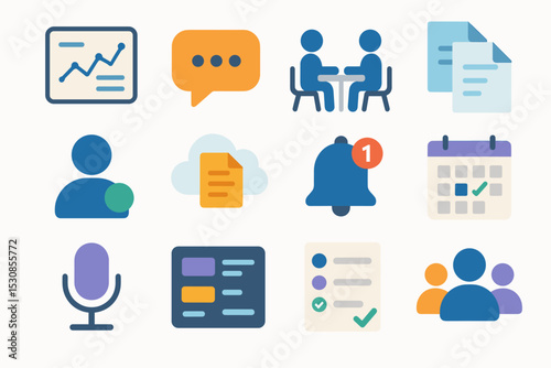 Colorful business and communication icons including charts and calendar